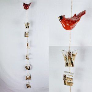 Rustic Hanging Ceramic WELCOME Sign Letters Red Cardinal 55" Long Snow Pinecones